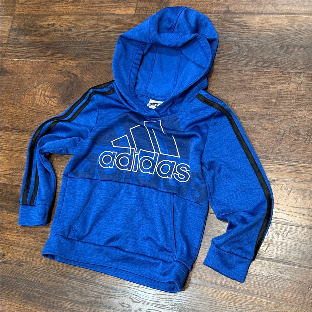 adidas Royal Blue Pullover Hoodie with Black Stripes down sleeves